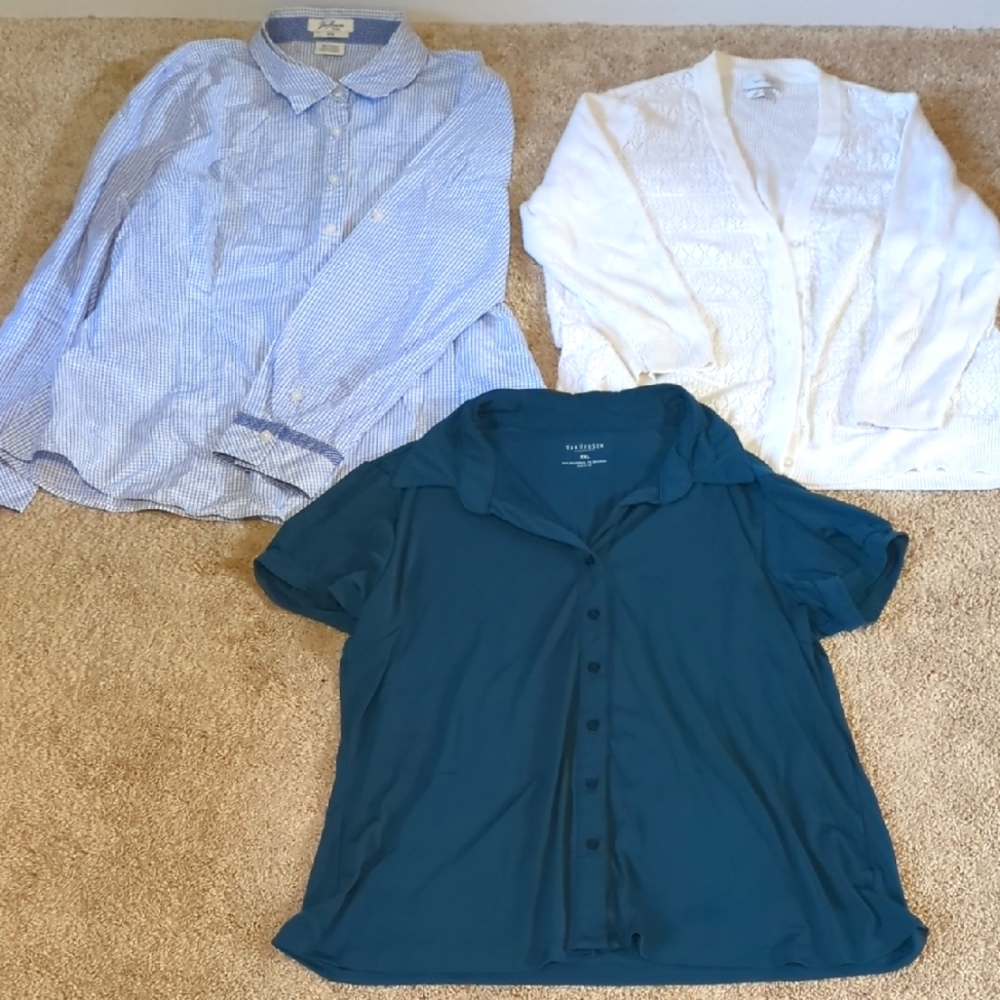 Three Van Heuson Items: Cardigan, Dress Shirt, and Short Sleeve Blouse